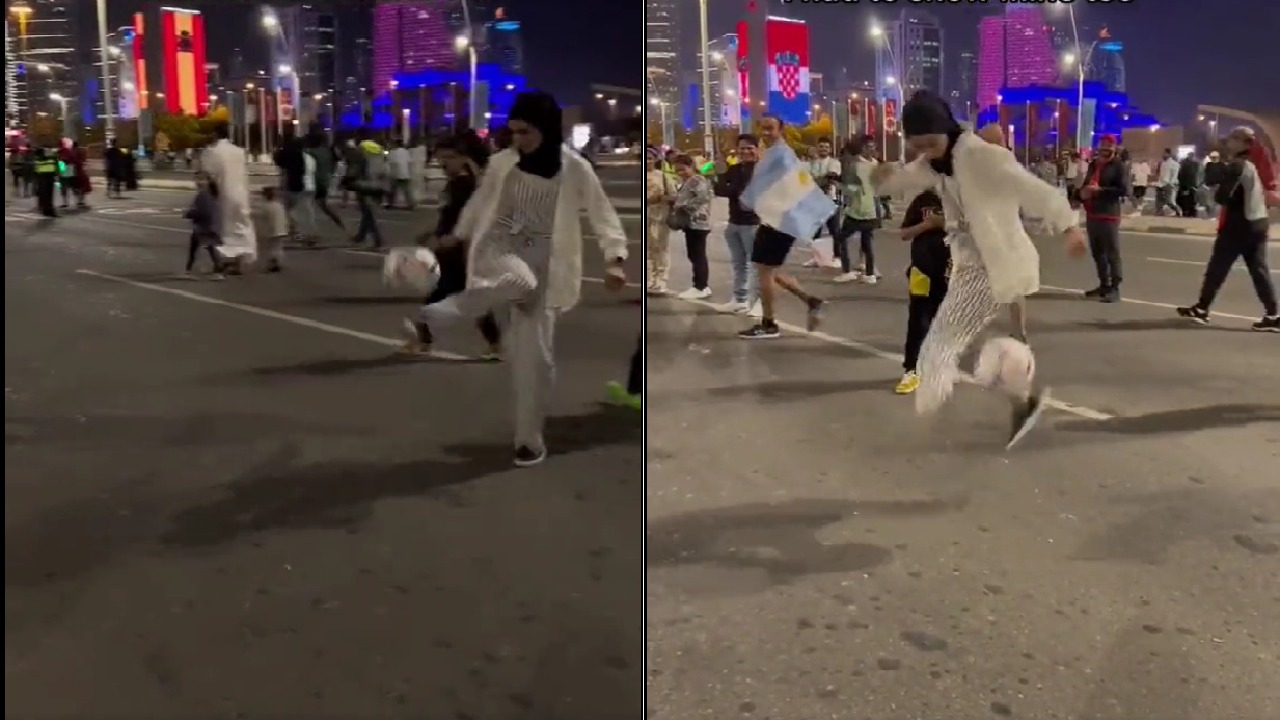 شاهد .. فتاة تتفوق على شاب في ترويض الكرة بأحد شوارع قطر