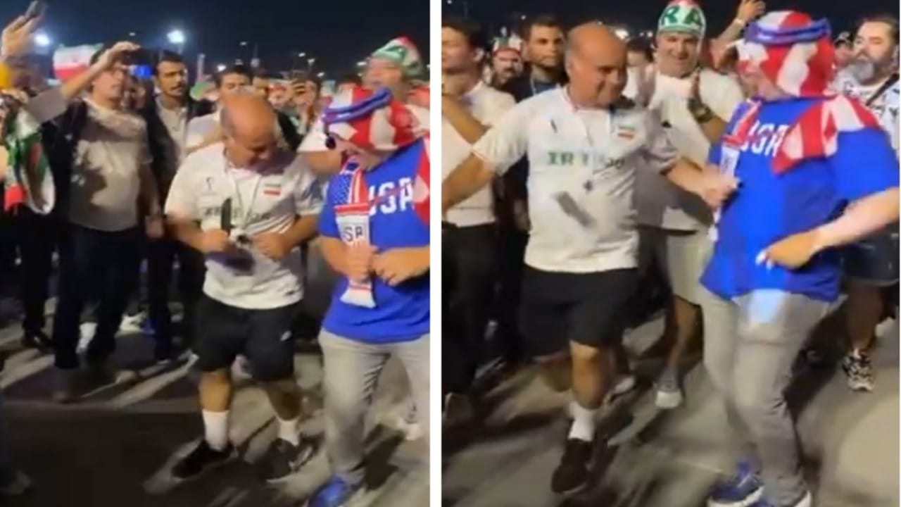 شاهد.. وصلة رقص مثيرة للجماهير الأمريكية والإيرانية خارج الملعب