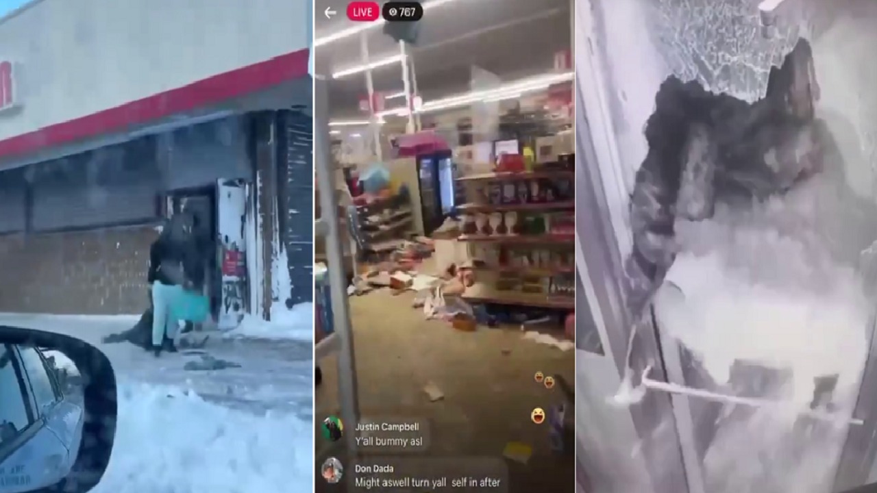 شاهد.. نهب جماعي للمحلات التجارية بسبب العاصفة الثلجية