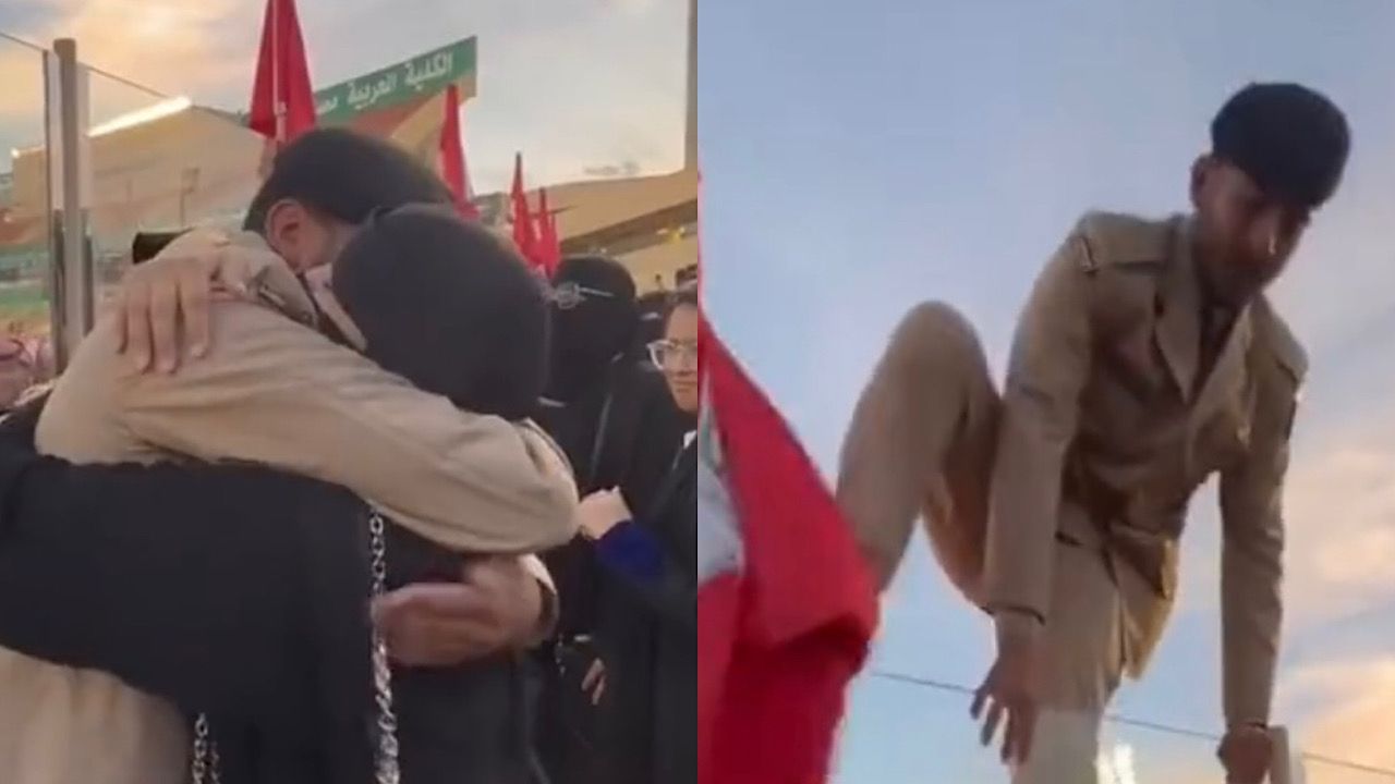بالفيديو.. طالب يقفز من حاجز زجاجي ليحتفل مع والدته بتخرجه من كلية الملك عبدالعزيز الحربية