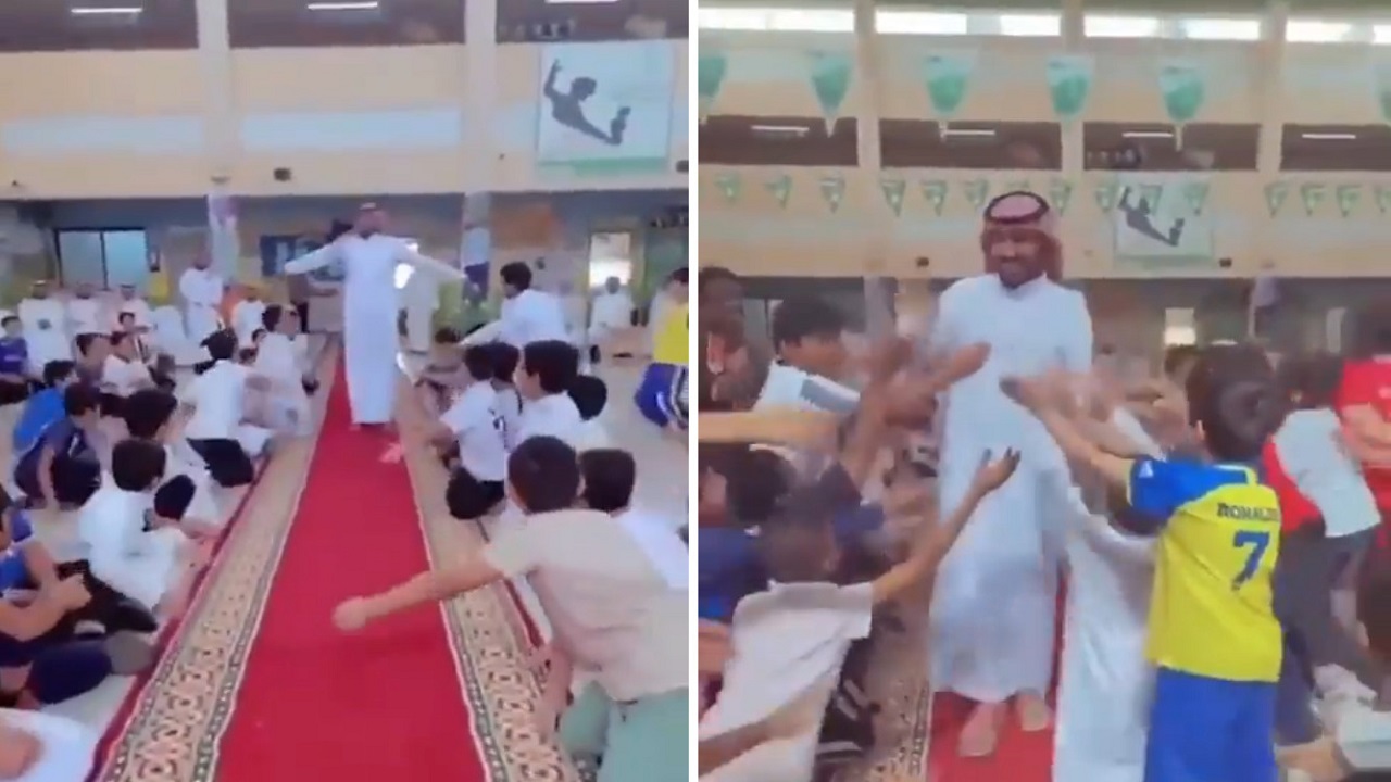فيديو طريف لمعلم يحتفل على طريقة رونالدو مع طلابه أثناء تكريمه